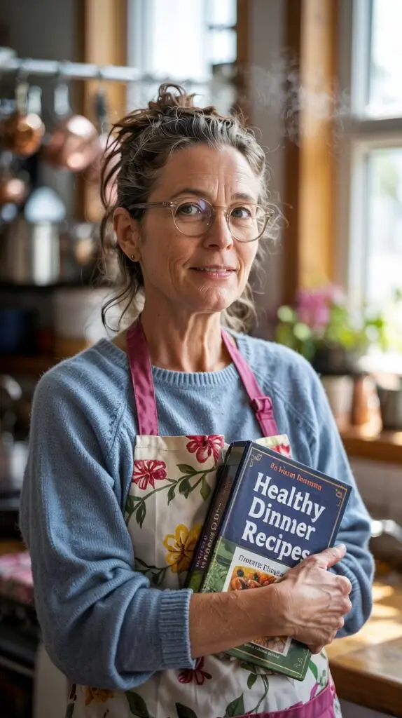 A photo of a woman named Sarah Bennett from Go Healthy Dinners in her home kitchen. She is cooking and wearing a casual outfit with an apron. The background is a cozy kitchen with wooden cabinets, a tile floor, and a few cooking utensils. The bold text overlay at the bottom of the image says "Sarah Bennett from Go Healthy Dinners".