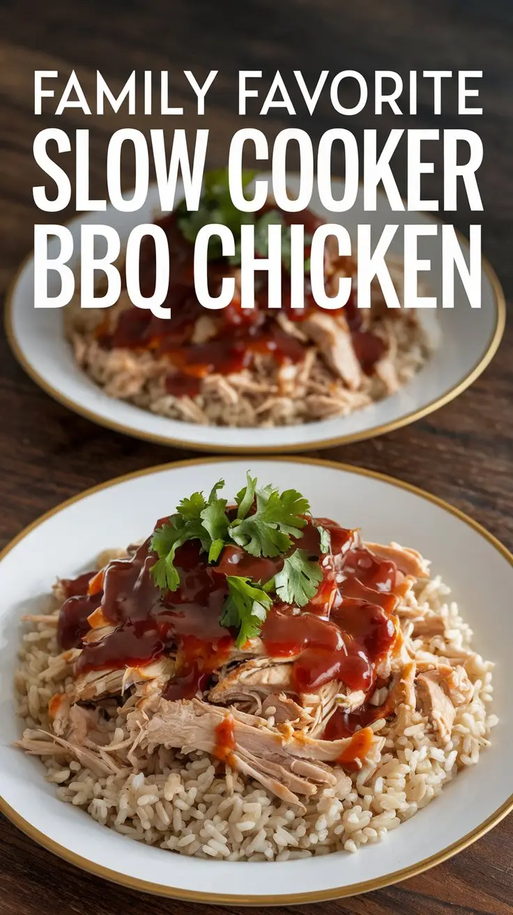 A photo of two plates with a large text overlay in bold white font that says "Family Favorite Slow Cooker BBQ Chicken". The first plate has a generous portion of shredded chicken topped with BBQ sauce and is garnished with cilantro. The chicken is served over brown rice. The second plate is empty.