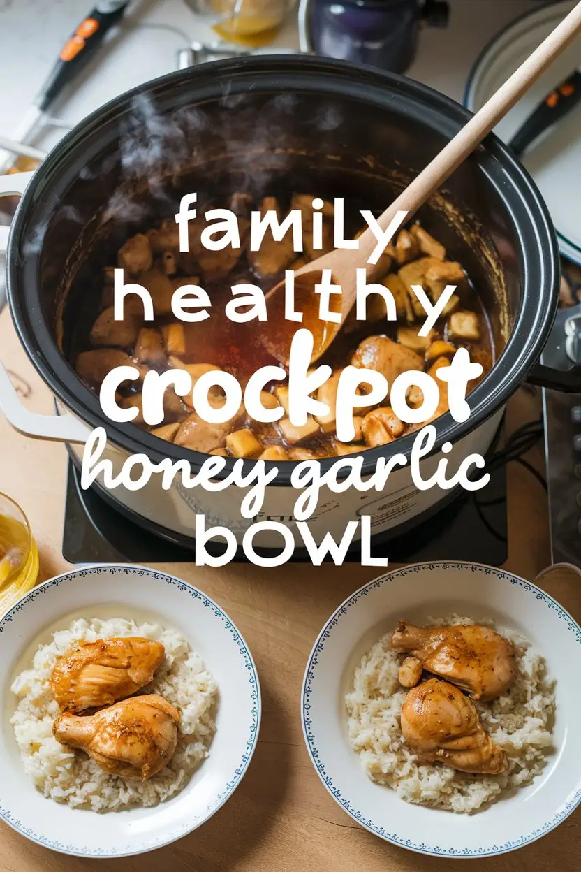 A photo of a large pot with a wooden spoon, emitting a delicious aroma. The pot contains a honey garlic sauce with chicken pieces. There are two plates next to the pot, each containing rice and a chicken piece. The background is a kitchen with a few cooking utensils. The photo has a text overlay in very big letters that says "Family Healthy Crockpot Honey Garlic Bowl".