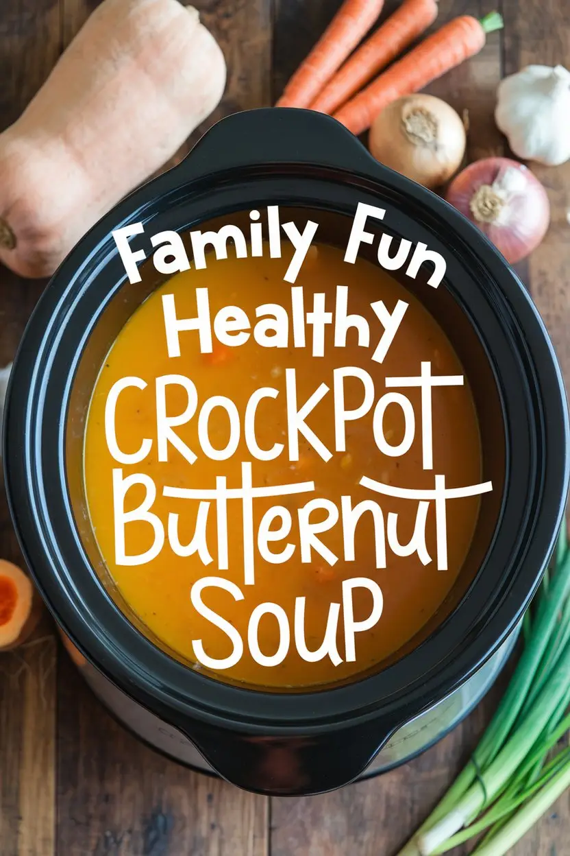 A photo of a crockpot filled with butternut soup. There are fresh ingredients like butternut squash, carrots, onions, and garlic on the side. The background is a wooden table. The text "Family Fun Healthy Crockpot Butternut Soup" is written in artistic font and is placed over the image.