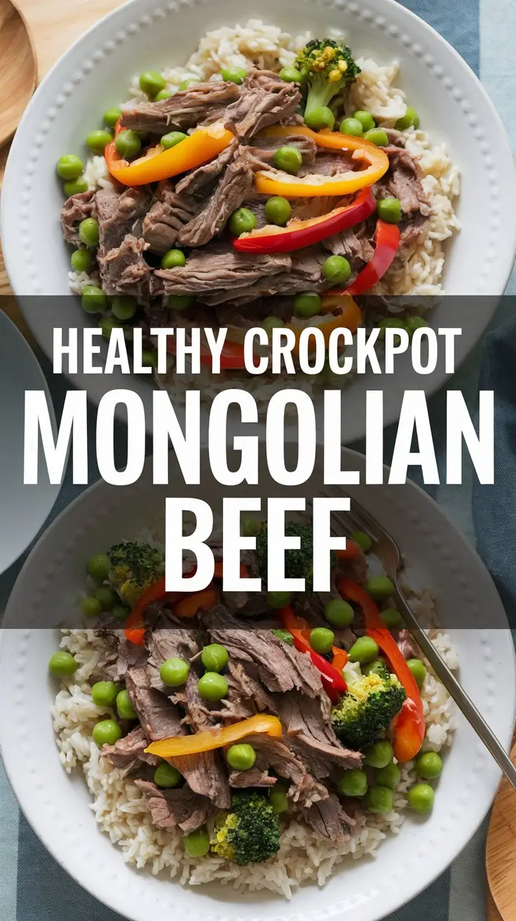 A photo of a crockpot meal with the text "Healthy Crockpot Mongolian Beef" in bold, white font overlaid on top. There are two plates on the table, each with a portion of the meal. The meal consists of shredded beef, bell pepper slices, peas, and small broccoli florets mixed together, served over brown rice.