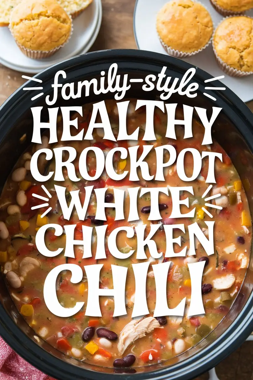 A photo of a large pot of white chicken chili with vegetables and beans. There are also a few cornbread muffins on a plate. The background is a wooden surface. A large text overlay in a whimsical font says "Family-Style Healthy Crockpot White Chicken Chili".