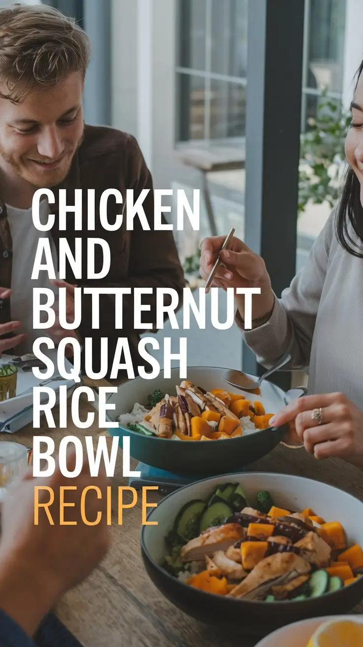 A photo of two people at a casual dinner with a big text overlay in the middle, left-aligned reading: "Chicken and Butternut Squash Rice Bowl Recipe."