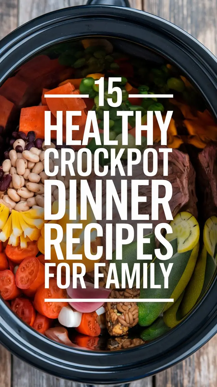 A photo of a crockpot with a variety of healthy dinner recipes for a family. There are vegetables, beans, and meats cooked in the crockpot. The background is a wooden surface. There is a text overlay in bold white font that says "15 Healthy Crockpot Dinner Recipes for Family".