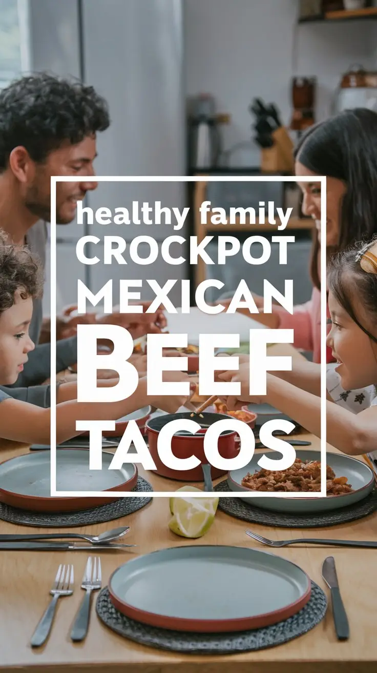 A photo of a family sitting at a table, enjoying a meal. The table is set with plates, utensils, and a crockpot. There is a white text overlay that says "Healthy Family Crockpot Mexican Beef Tacos". The background is a kitchen.