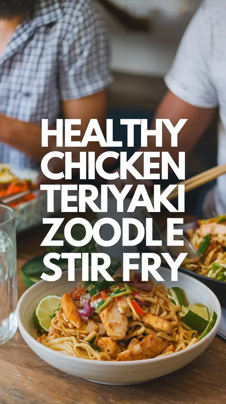 A photo of a casual dinner with two people. There is a big text overlay in the middle of the image, reading: "Healthy Chicken Teriyaki Zoodle Stir Fry". The background is blurred.