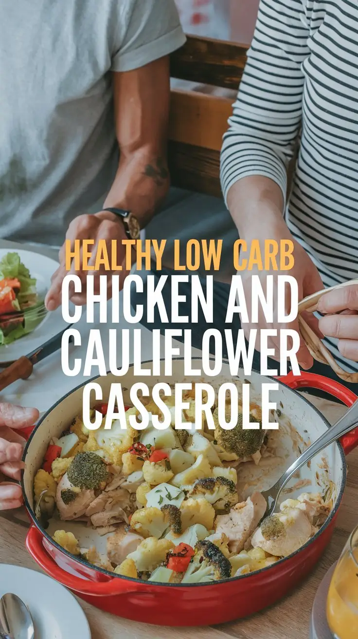 A photo of a casual dinner with two people. A big text overlay in the middle reads: "Healthy Low Carb Chicken and Cauliflower Casserole".