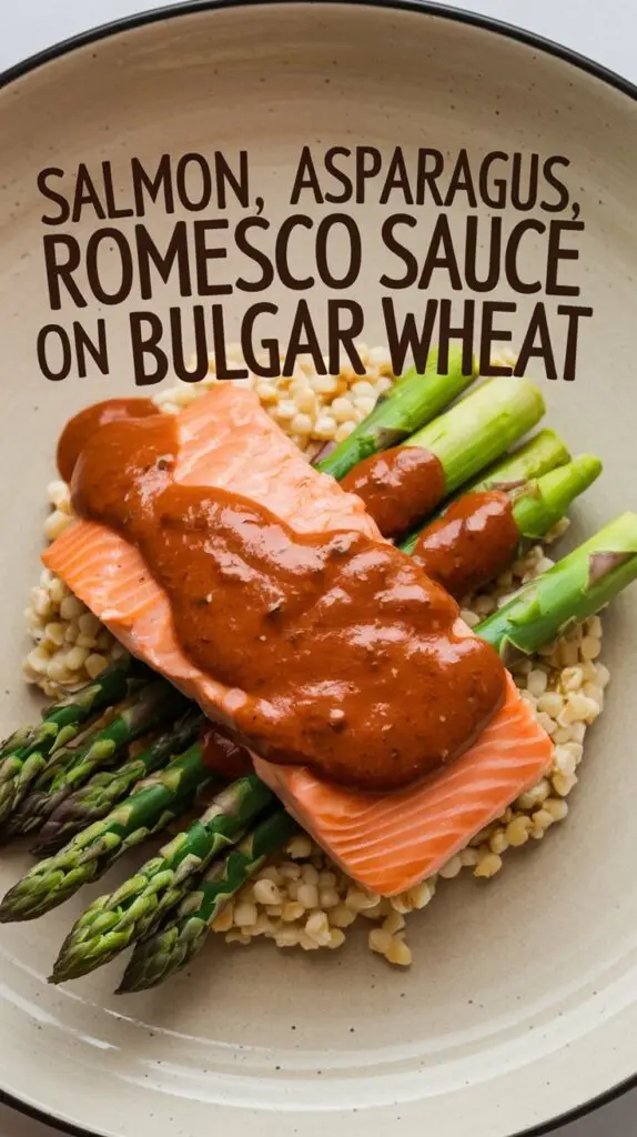 A photo of a plate with a small amount of bulgar wheat, asparagus on top, and salmon on top of the asparagus. There is a good amount of Romesco sauce poured over the salmon. The text "Salmon, Asparagus, Romesco Sauce on Bulgar Wheat" is written in large letters in the middle of the image. The plate is presented like a restaurant meal.