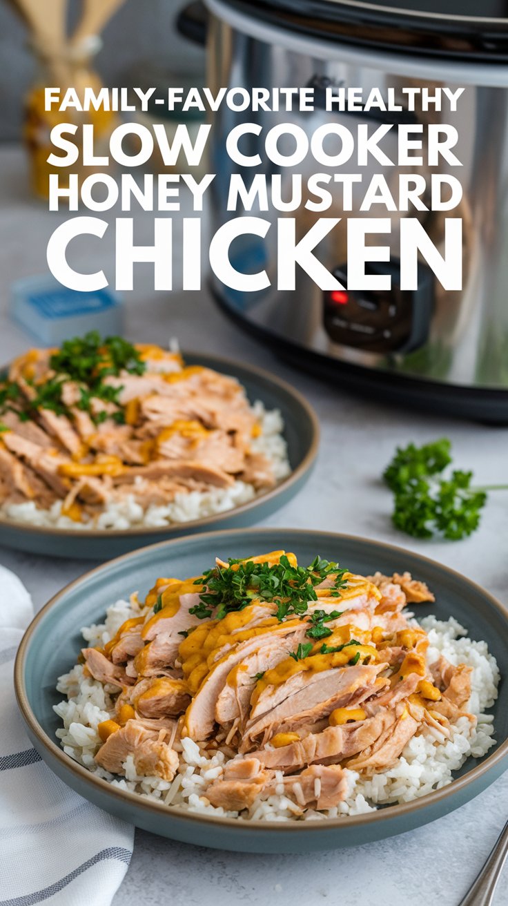 A photo of two plates with shredded honey mustard chicken. The chicken is topped with chopped parsley and served over a bed of rice. There's a slow cooker in the background. The background is blurred and contains a few kitchen utensils. There's a large white text overlay above the photo that says "Family-Favorite Healthy Slow Cooker Honey Mustard Chicken".