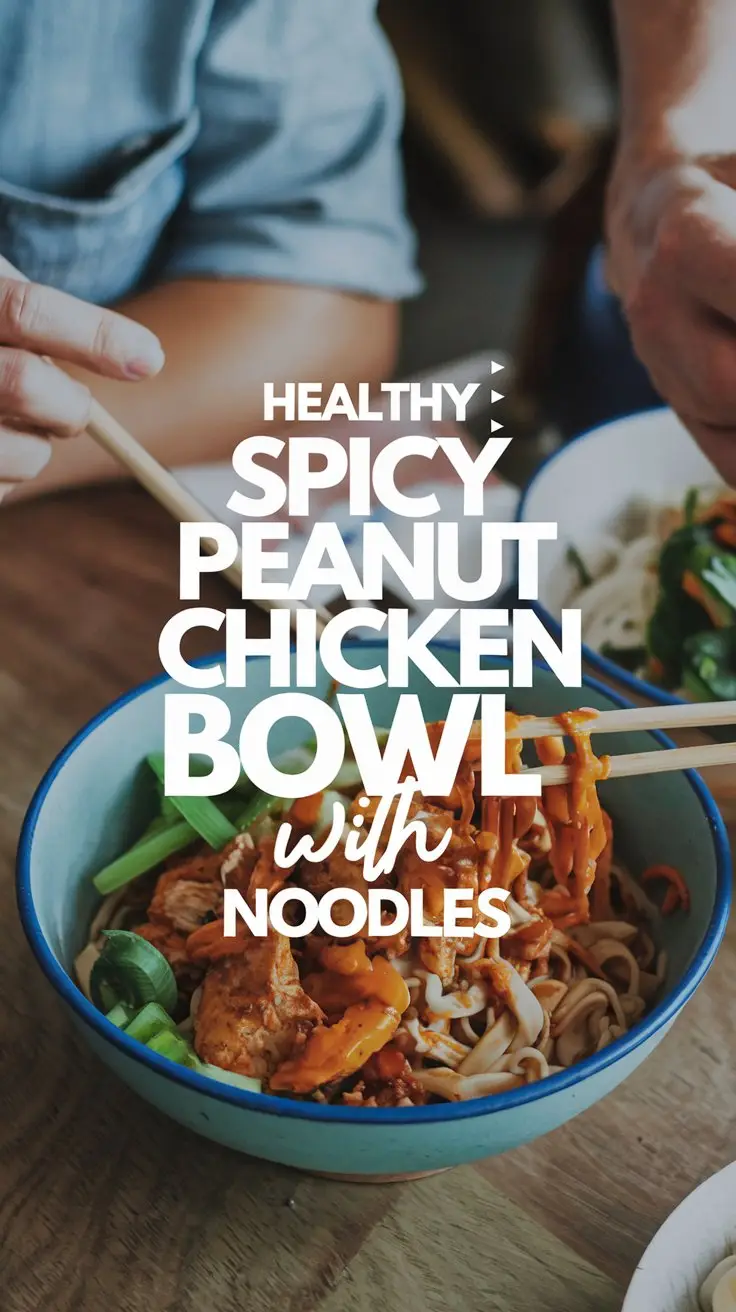 A photo of a casual dinner with two people. There's a big text overlay in the middle, reading: "Healthy Spicy Peanut Chicken Bowl with Noodles." The image is a photo of a bowl of noodles with spicy peanut sauce and chicken. The bowl is placed on a wooden surface.