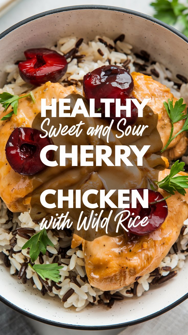 A bowl of food, prominently featuring chicken pieces glazed with a sauce and garnished with sliced cherries, sits atop a bed of wild rice. The bowl is placed on a white surface, surrounded by fresh parsley leaves. In the middle, there is a big text overlay reading: 'Healthy Sweet and Sour Cherry Chicken with Wild Rice'. Additionally, two more bowls containing chicken and cherry sauce on wild rice are present.