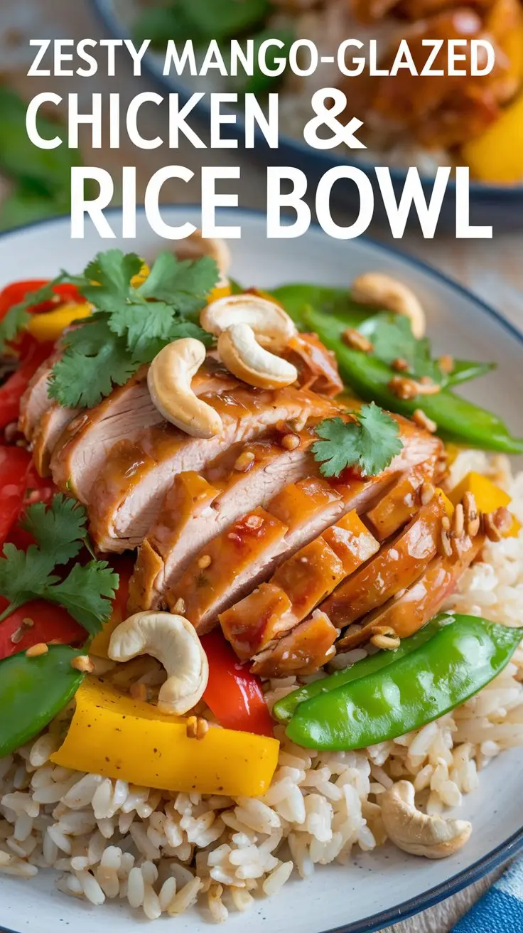 A photo of a big text overlay "Zesty Mango-Glazed Chicken & Rice Bowl". The photo is a close-up shot of a plate containing brown rice. The rice is topped with sautéed bell peppers and snap peas, sliced mango-glazed chicken, and is sprinkled with cilantro and roasted cashews.