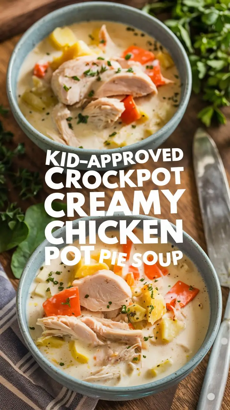 A photo of two bowls of creamy chicken pot pie soup. The soup is made in a crockpot and is filled with tender chicken, vegetables, and a creamy sauce. The text "Kid-Approved Crockpot Creamy Chicken Pot Pie Soup" is written in bold, white font and is placed over the image. The background is a wooden table. There are fresh herbs and a knife beside the bowls. The lighting is warm.