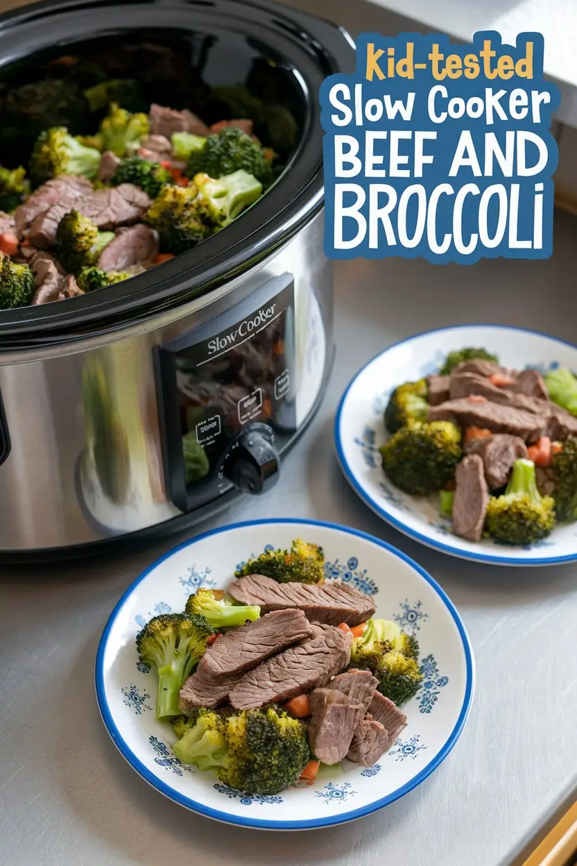 A photo of a slow cooker filled with beef and broccoli. There are two plates with the same dish. The background is a kitchen counter. There is a text overlay in a whimsical font in the top right corner that says "Kid-Tested Slow Cooker Beef and Broccoli".