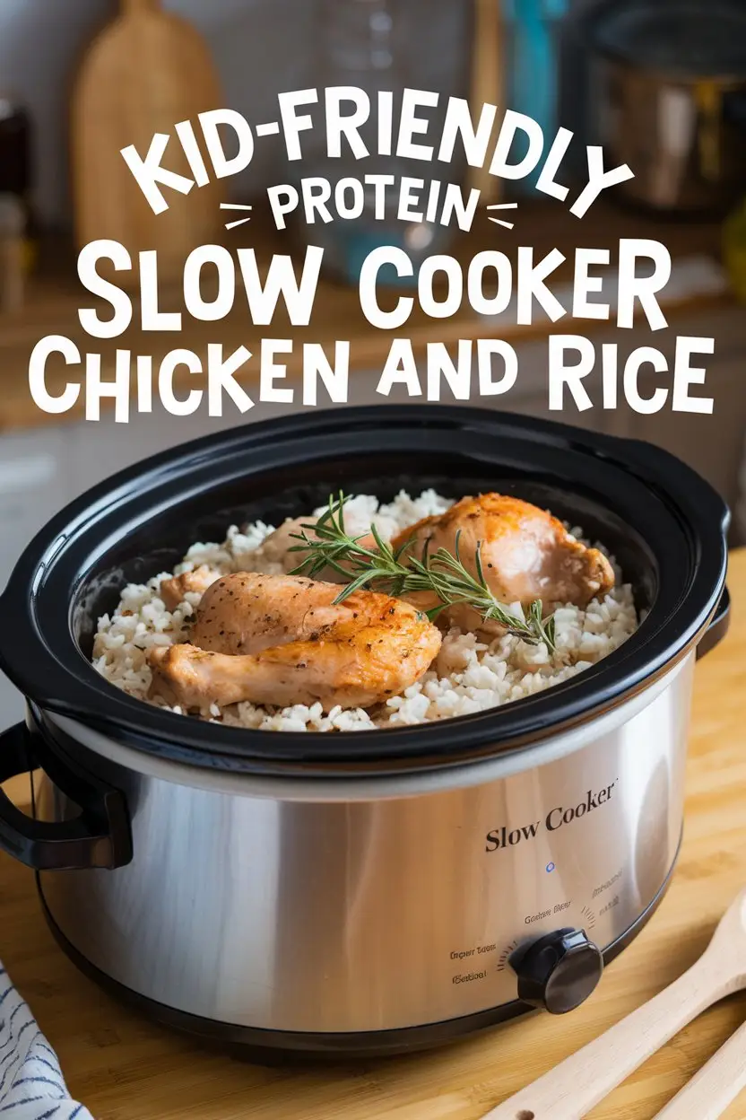 A photo of a slow cooker filled with chicken and rice. The slow cooker is placed on a wooden surface. There are wooden spoons next to the slow cooker. The background is blurred and contains a few kitchen items. There is a large text overlay in a whimsical font that says "Kid-Friendly Protein Slow Cooker Chicken and Rice".