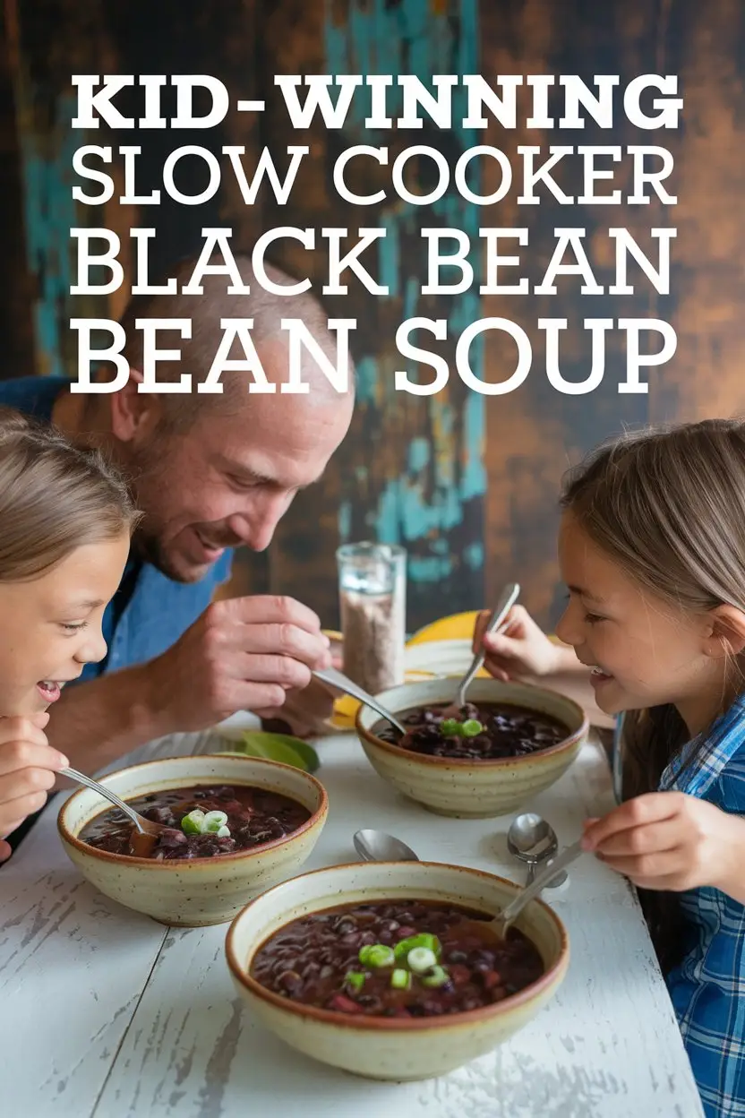 A photo of a family eating a slow cooker black bean soup at the kitchen table. There is a large text in the corner that says "Kid-Winning Slow Cooker Black Bean Soup". The soup is served in bowls and has a garnish of green onions. The background has a rustic design.