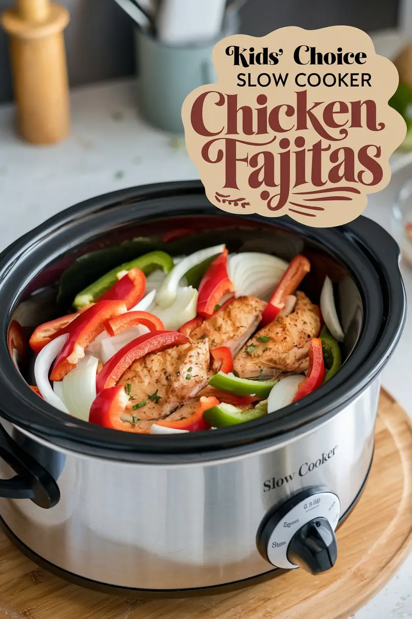 A photo of a slow cooker with chicken fajitas. The slow cooker is placed on a wooden board. There are sliced bell peppers, onions, and marinated chicken in the slow cooker. The background is blurred, with a few kitchen utensils. There's a text overlay in an artistic font that says "Kids’ Choice Slow Cooker Chicken Fajitas".