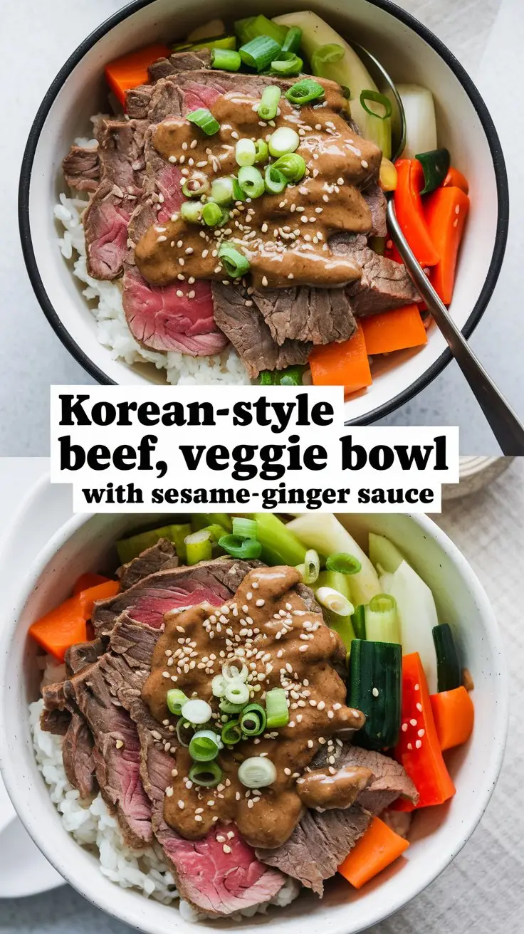 A photo of a Korean-style beef and vegetable bowl with a sesame-ginger sauce. The bowl contains cooked beef slices, assorted vegetables, and a bed of rice. The dish is topped with sesame seeds and green onions. There is a spoon in the bowl. The background is white. The text "Korean-Style Beef, Veggie Bowl with Sesame-Ginger Sauce" is overlaid in large, black letters in the middle.