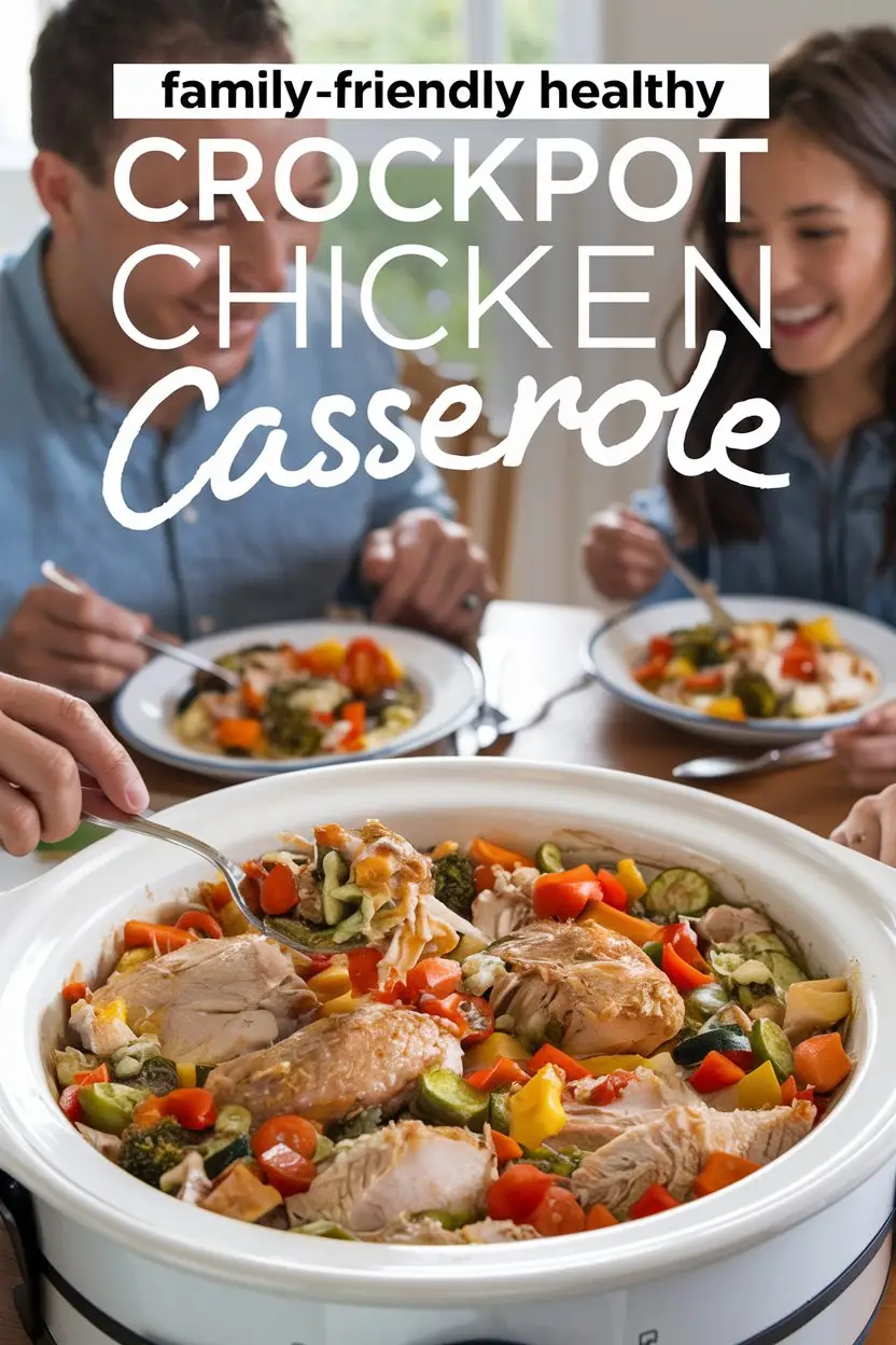 A photo of a family eating a healthy crockpot chicken casserole. There is a large text overlay in the corner that says "Family-Friendly Healthy Crockpot Chicken Casserole". The casserole is filled with tender chicken, vegetables, and a rich sauce. The family is sitting at a dining table, with happy expressions.