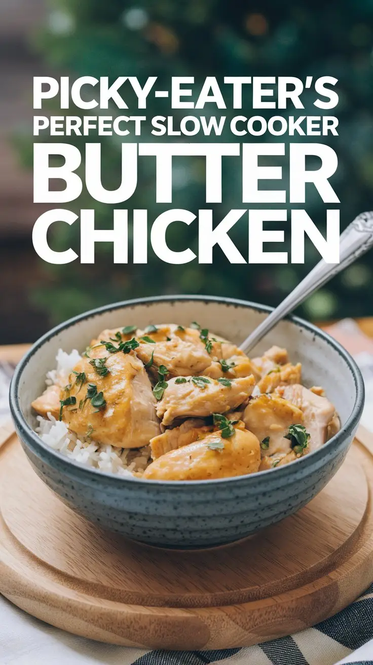 A photo of a bowl of slow cooker butter chicken with rice. The bowl is placed on a wooden board. There's a spoon in the bowl. The background is blurred and contains greenery. There's a large text overlay in bold white font that says "Picky-Eater’s Perfect Slow Cooker Butter Chicken".