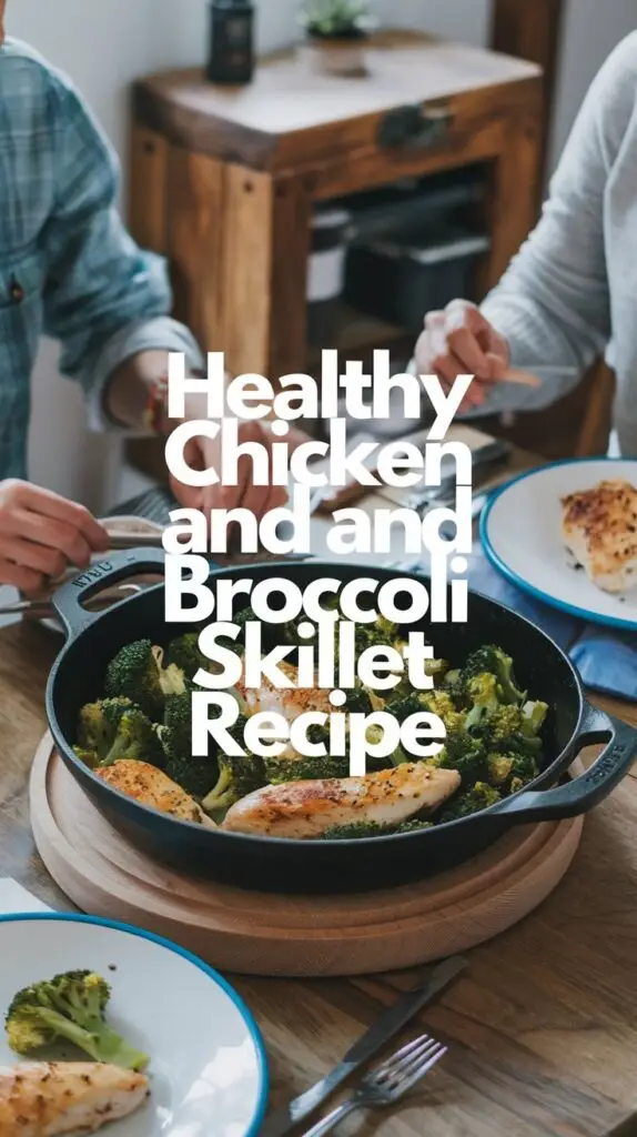 A photo of a casual dinner with two people. There is a skillet on the table with healthy chicken and broccoli. The skillet is placed on a wooden board. The background is a cozy room with wooden furniture. There is a large text overlay in the middle that reads "Healthy Chicken and Broccoli Skillet Recipe".