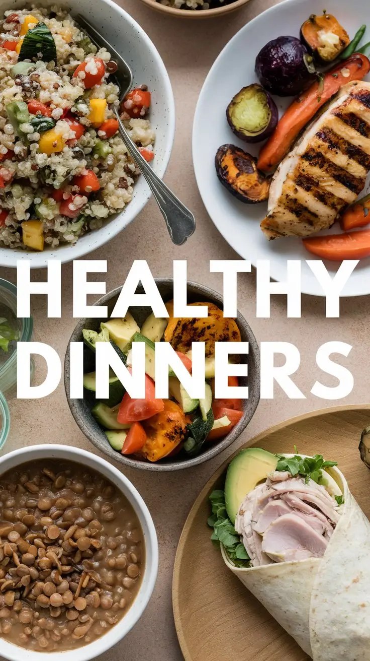 A photo of a variety of healthy dinners. There's a bowl of quinoa salad with vegetables, a plate of grilled chicken with roasted vegetables, a bowl of lentil soup, and a wrap with turkey and avocado. The background is a beige surface. There's a large, bold, white text that says "Healthy Dinners".